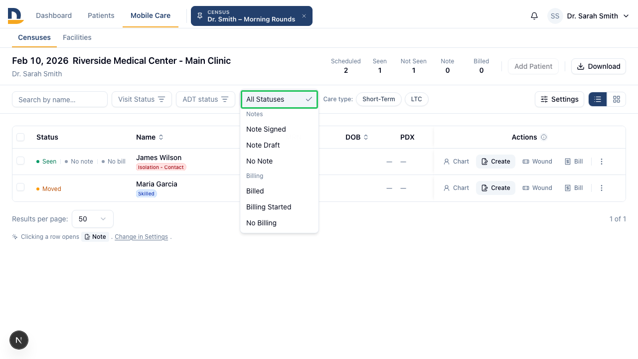 Filter the census list by status — Missing Notes, Missing Charges, In Progress, or Done — to see which rounds still need to close out.