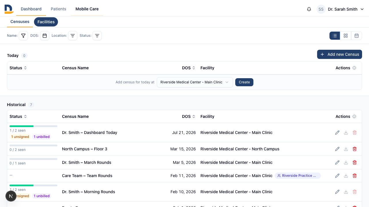 Multi-select the facilities you want to see in the census list — the filter hides everything else and applies immediately.