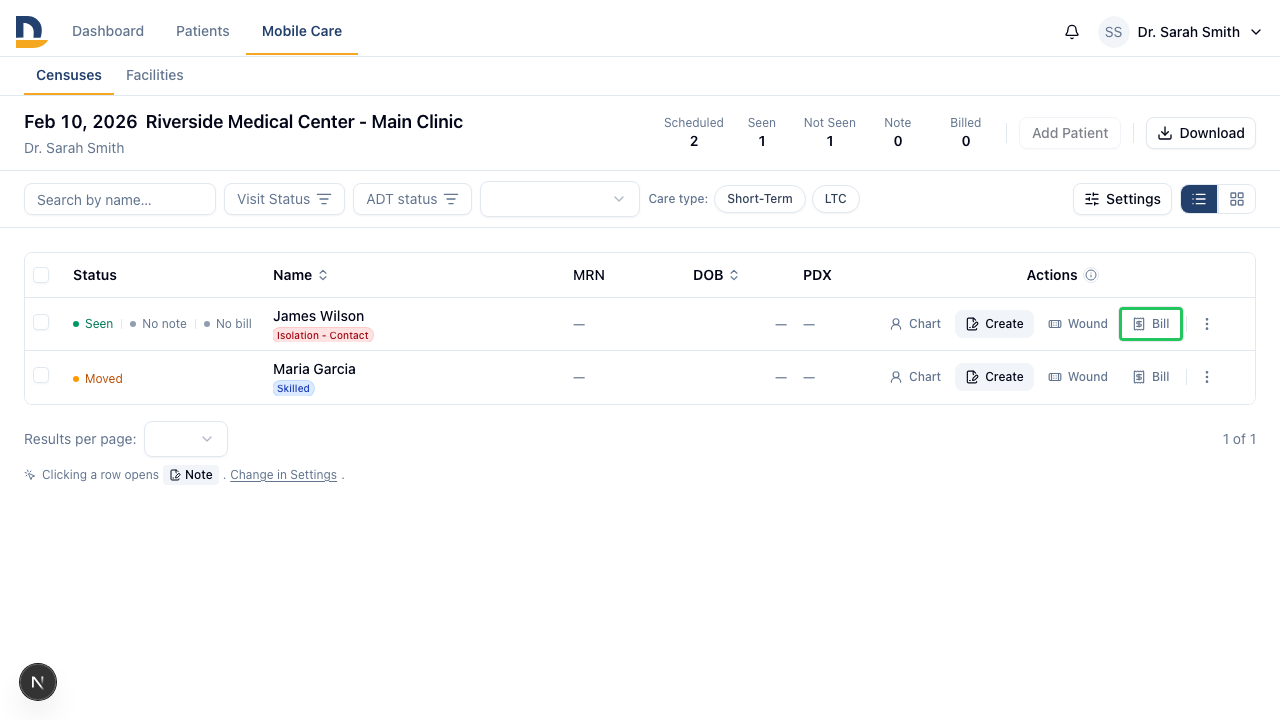 The billing button on each row opens charge capture for that patient's current facility visit — combine with the Not Submitted filter to close out billing fast.