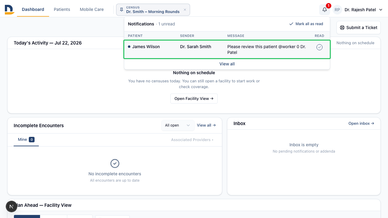 Mentioned providers receive a notification badge — opening it shows the mention with a direct link to the patient.