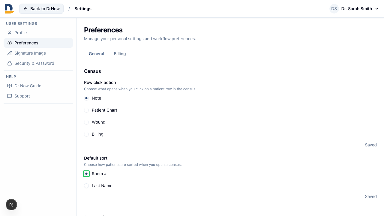 Set whether the census opens sorted by Room Number or Last Name — saved as a per-user preference.
