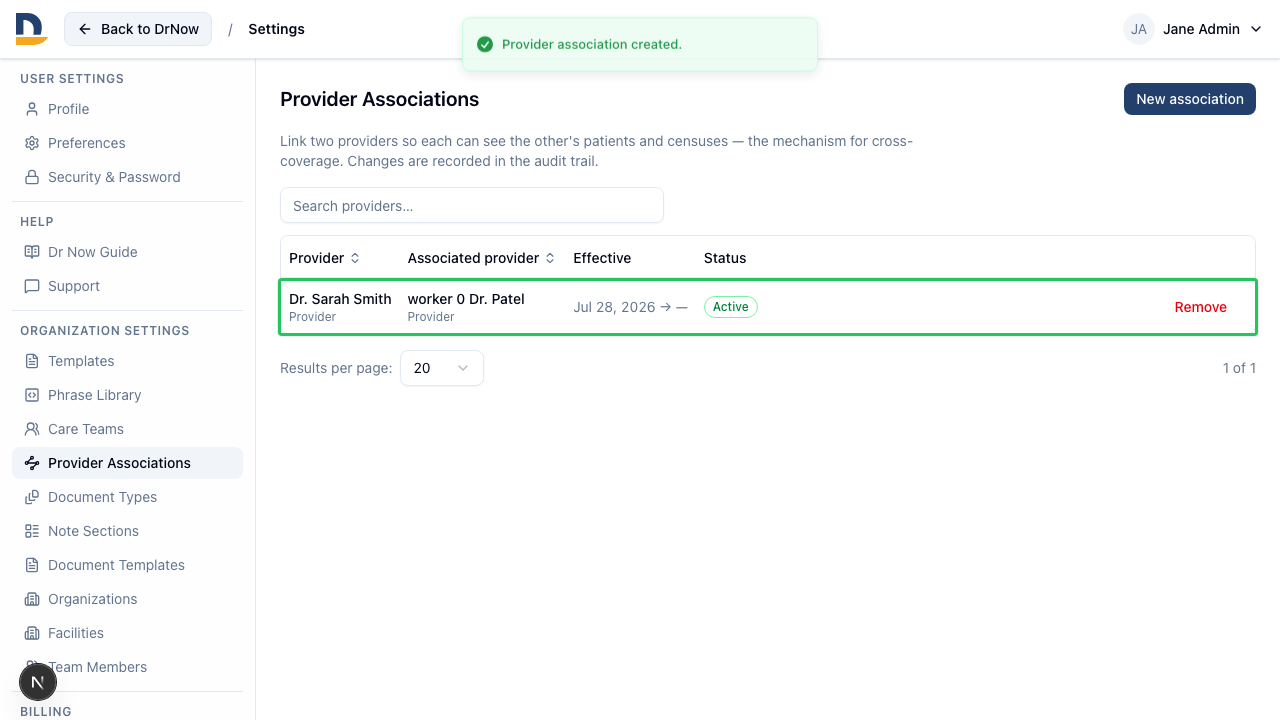 Under Organization Settings, admins pick two providers to associate for cross-coverage — the saved association shows both providers' names and credentials, with a remove action.