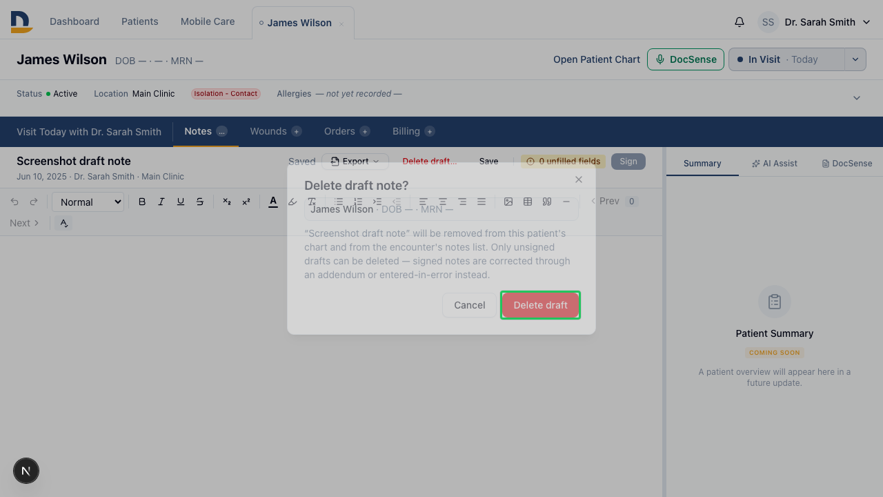 The note editor's "Delete draft…" action opens a confirmation naming the patient and note before the draft is removed.