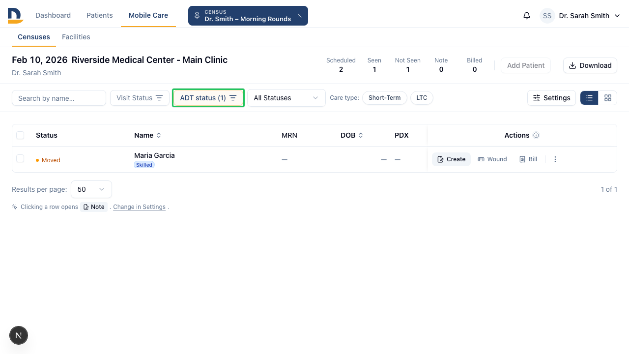 The Visit Status filter now shows only Unseen and Seen; discharge and transfer status live in a new, separate ADT Status filter — select Moved to see only transferred patients.