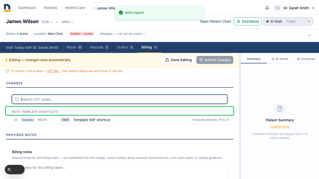 Signing a template-backed note surfaces a billing link; the CPT picker opens with a dedicated Note Template Shortcuts section at the top, ready to submit with one tap.
